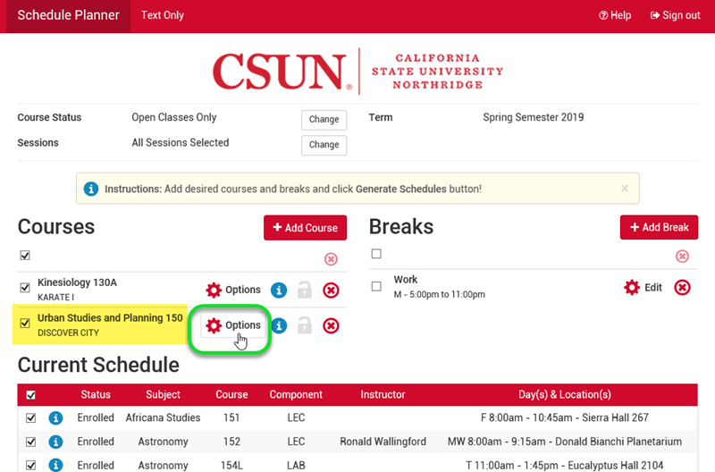 Location of Options buttons on Registration Planner home page