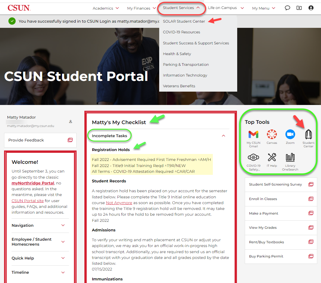 This student's Incomplete Tasks section shows three registration holds