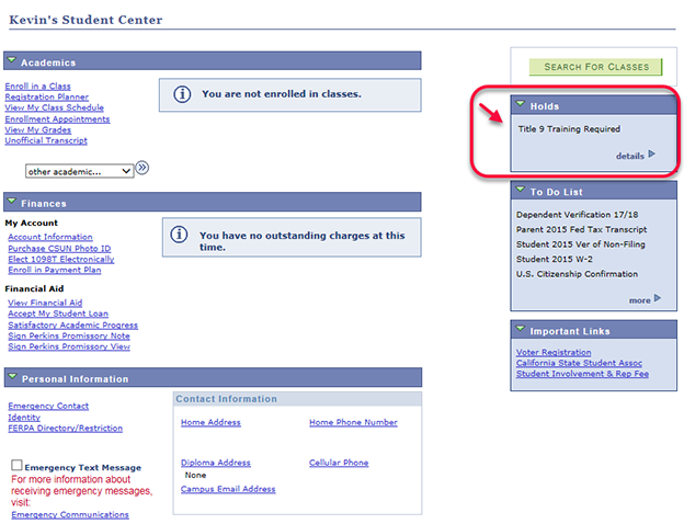 The Student Centeralso has Academics, Finances, and Personal Info headings.