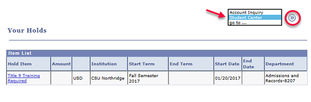 Location of Student Center drop down and button.