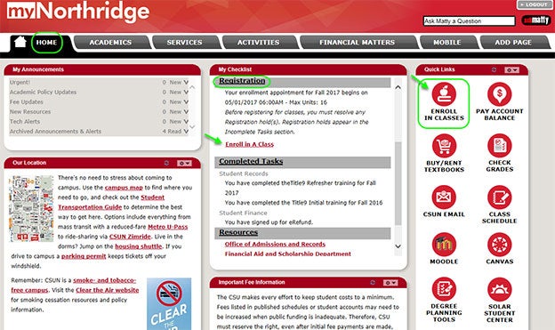 myNorthridge home page with My Checklist headings and sections.