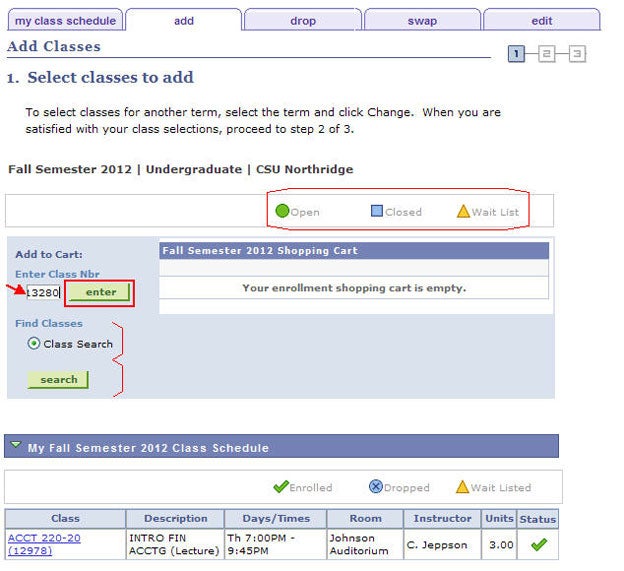 Below the cart is a table with your current class schedule.