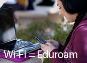"Wi-Fi/Eduroam" graphic, a woman using a laptop and smartphone. 