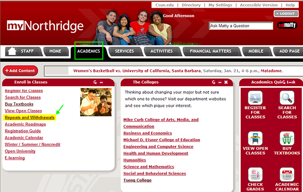myNorthridge Portal Home tab. Select the Academics tab.