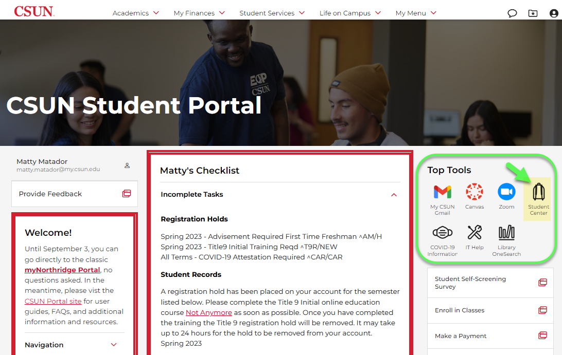 CSUN Portal home page with Top Tools area and icon link to Student Center
