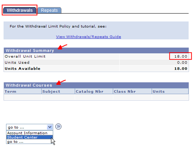 The Withdrawals page includes a drop-down menu to return to the Student Center.