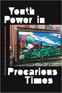 Book cover for YOUTH POWER IN PRECARIOUS TIMES featuring a combat video game on a tv screen