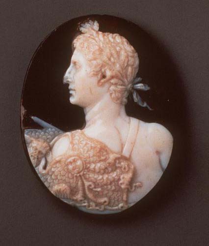 a cameo, showing the laurelled  portrait of Augustus