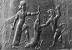 Stone tablet with drawing from the Epic of Gilgamesh; Mesopotamian third milennium b.c.e.